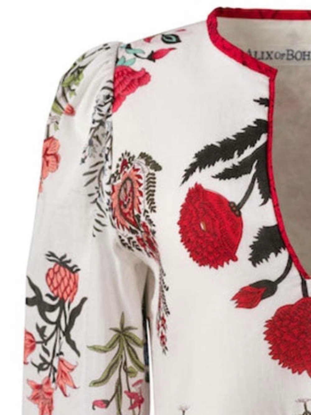 Alix Of Bohemia White Floral-Print Long Sleeve Mini Dress with Red Trim - Picture 5 of 7